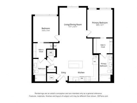 Floor plan for 2 beds, 2 baths, 1095 sqft
